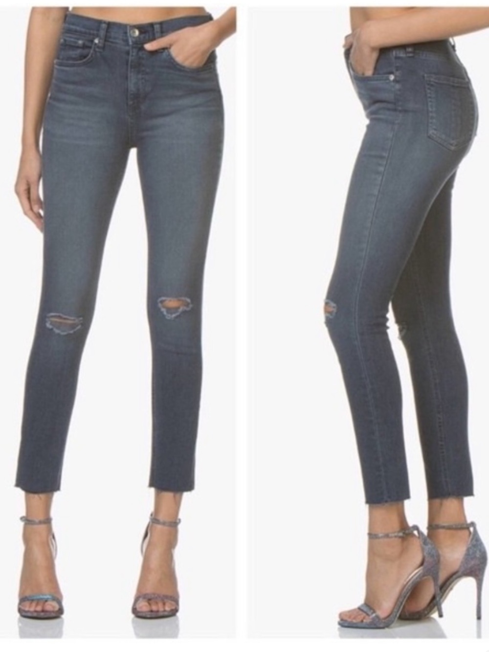 rag & bone Cropped High-Rise Skinny Jeans in Washed Blue with Knee Rips
